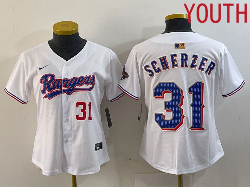 Youth Texas Rangers #31 Scherzer White Champion Game Nike 2024 MLB Jersey style 4->youth mlb jersey->Youth Jersey